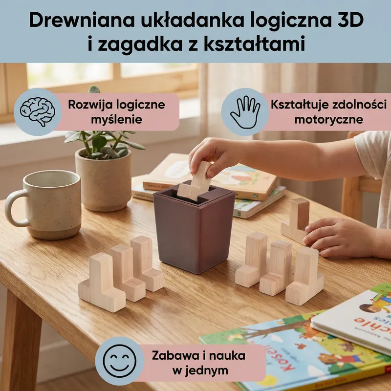 Дървена 3D логическа подредба и пъзел с форми — снимка 2