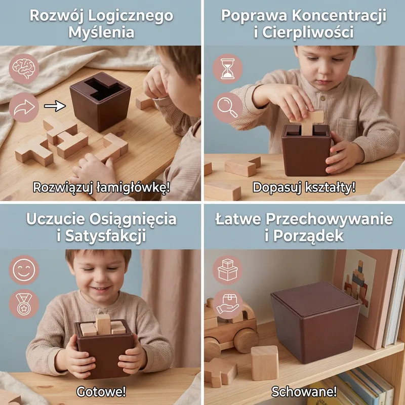 Дървена 3D логическа подредба и пъзел с форми — снимка 3