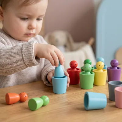 Дървена игра за сортиране по цветове с фигурки и чашки