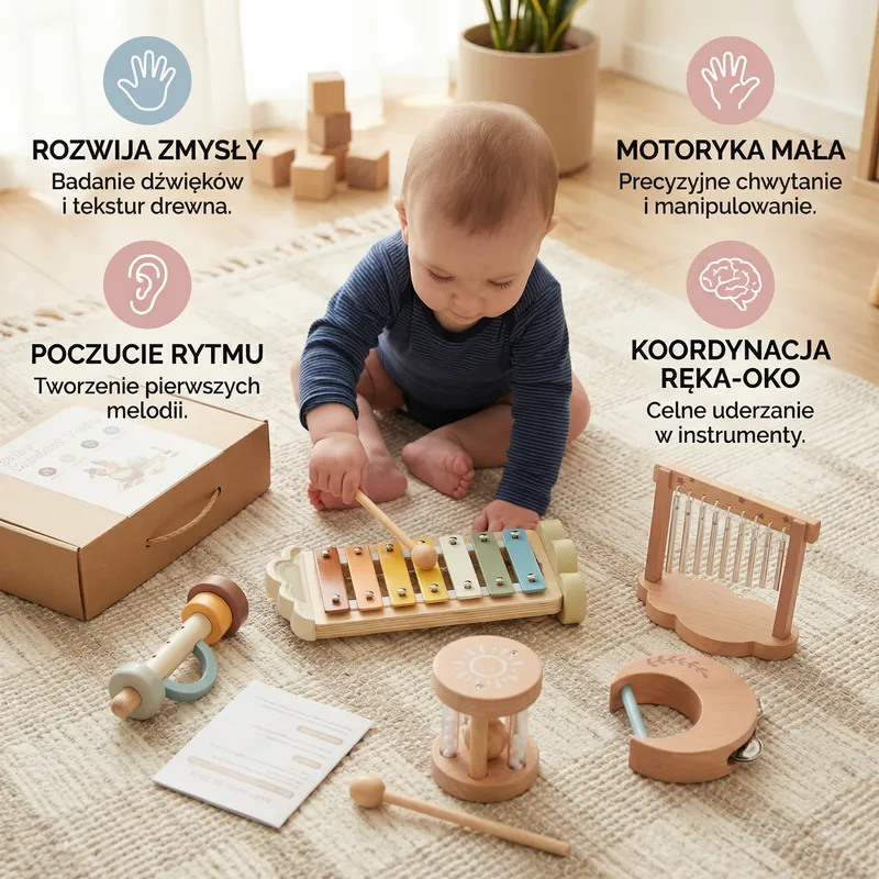 Дървен комплект музикални инструменти за бебета, 6 части — снимка 2
