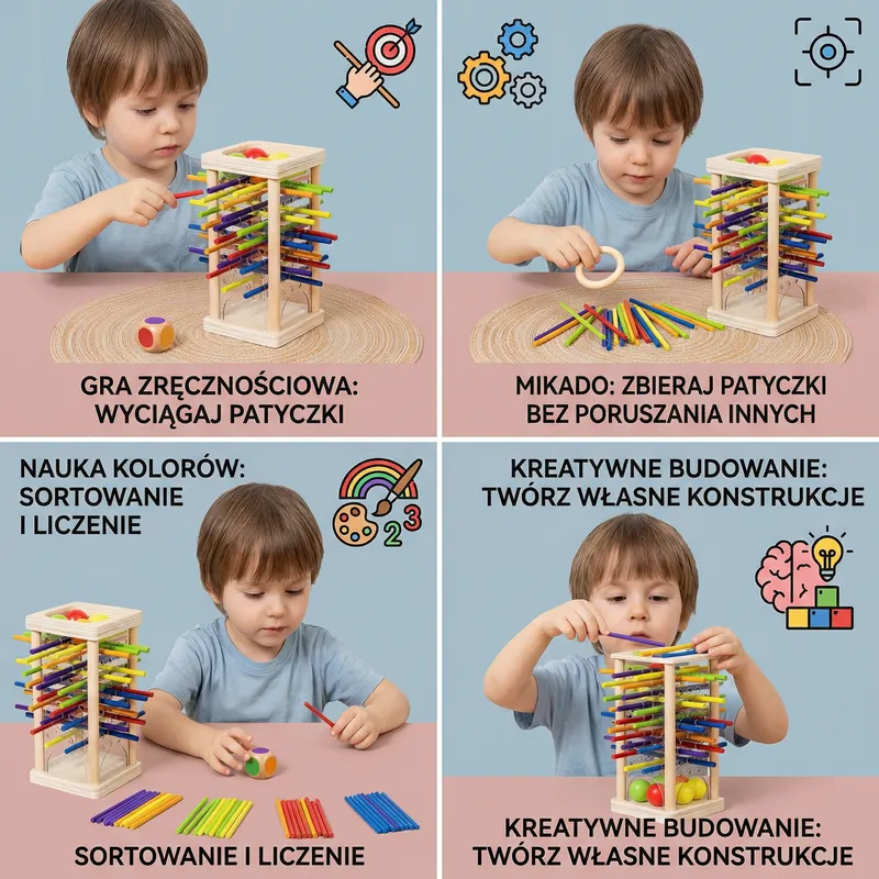 Дървена игра за сръчност 3 в 1 с топчета и пръчици — снимка 3