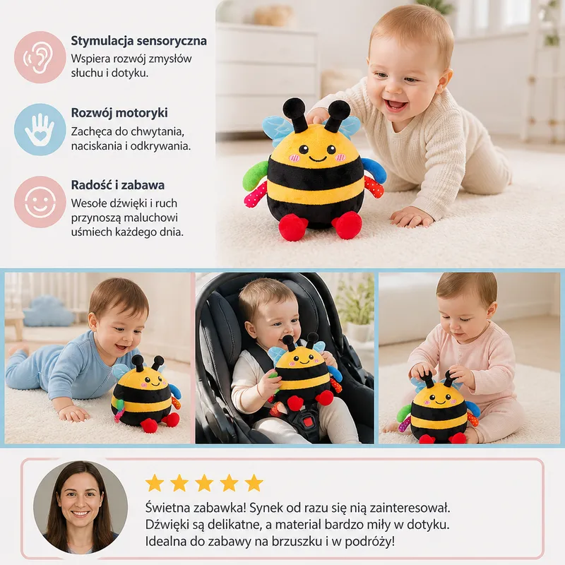 Интерактивна плюшена пчеличка с музика за игра по корем — снимка 3