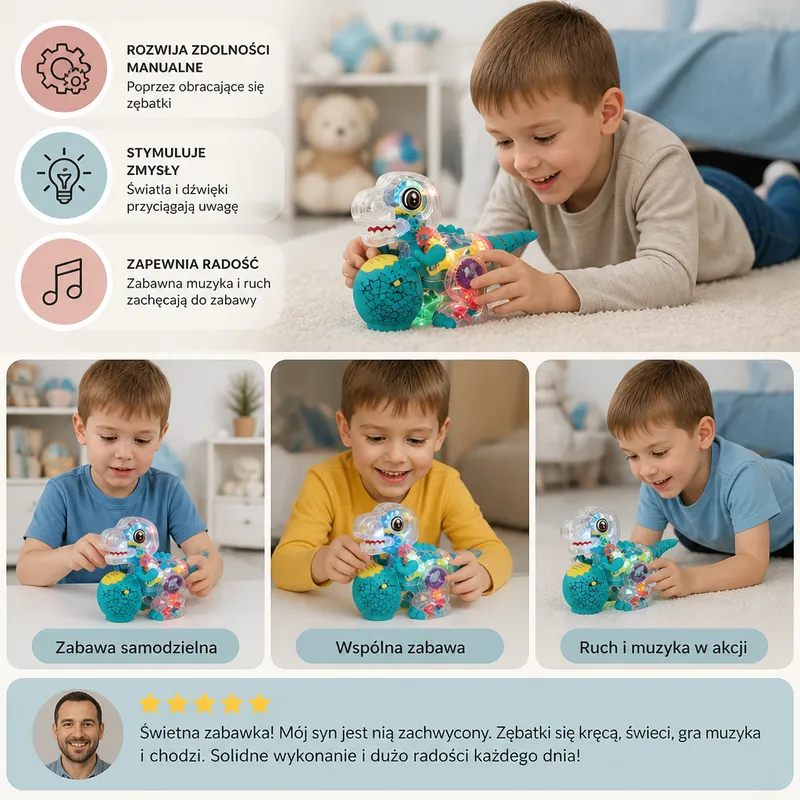 Светещ динозавър със зъбни колела, музика и ходене — снимка 3