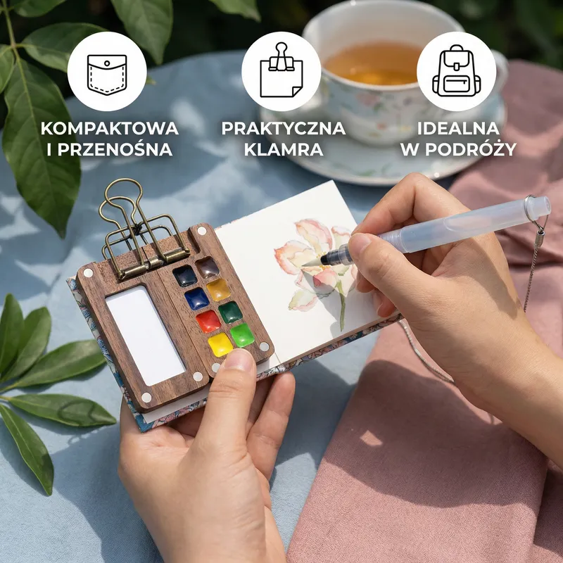 Мини акварелна палитра за път с дървена кутия — снимка 2