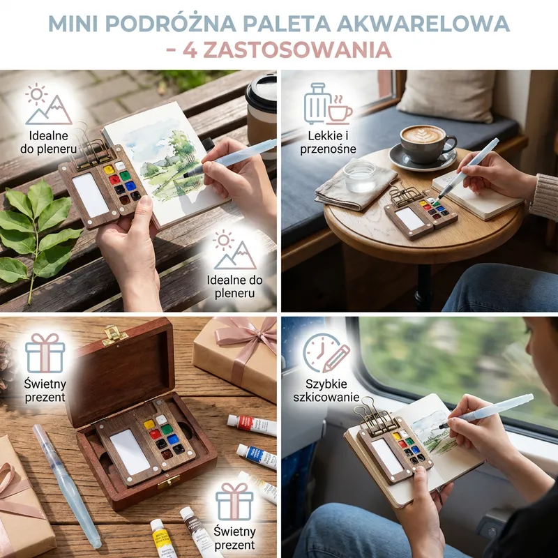 Мини акварелна палитра за път с дървена кутия — снимка 3