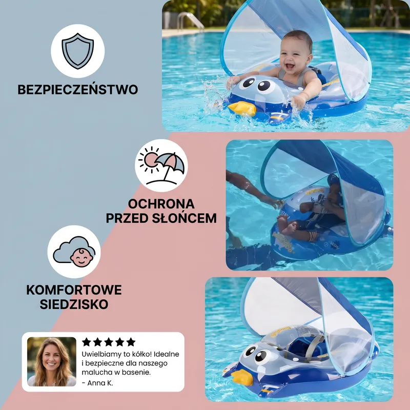 Бебешки плувен кръг с презрамки и сенник за басейн — снимка 3