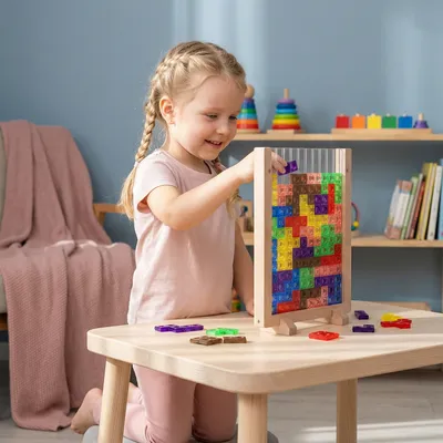 3D пъзел от цветни блокчета с дървена рамка Монтесори