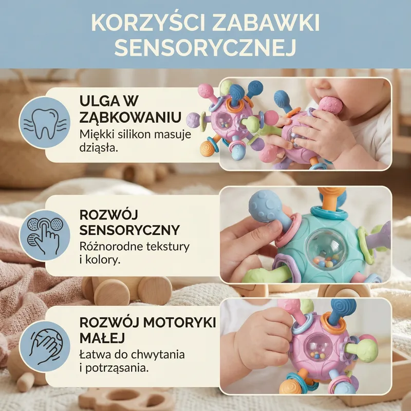 Сензорна топка за бебета със силиконова гризалка и дрънкалка — снимка 2