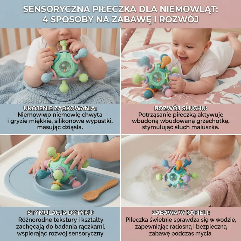 Сензорна топка за бебета със силиконова гризалка и дрънкалка — снимка 3