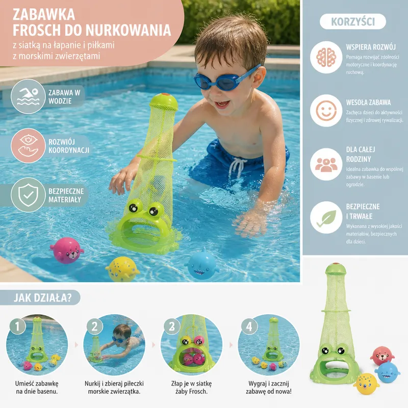 Играчка жаба за гмуркане с мрежа и топки с морски животни — снимка 2